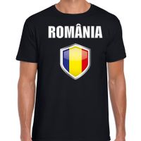 Roemenie landen supporter t-shirt met Roemeense vlag schild zwart heren - thumbnail