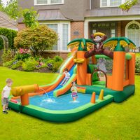 Springkasteel met Waterglijbaan Tropisch 7-in-1 Waterpark met Kinderbadje Basketbalkorf en Waterpistool Incl. Ventilator 460 x 285 x 230 cm