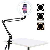 PULUZ 10.2 26cm Ring Gebogen Licht + Desktop Arm Stand USB 3 Modes Dimbare Dual Kleurtemperatuur LED Vlogging Selfie Fotografie Videolampen met Telefoonklem