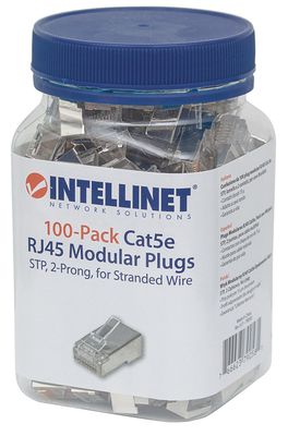 Intellinet Kabel Intellinet verpakking van 100 stuks Cat5e modulaire RJ45-stekkers STP 2-voudige klem voor gevlochten draad 100 stekkers per pot 790581