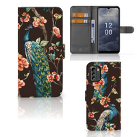 Nokia G60 Telefoonhoesje met Pasjes Pauw met Bloemen - thumbnail