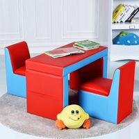 Kinderbank 2-In-1 Dubbele Bank Omvormbaar Tafel en Twee Stoelen Kinderstoel met Houten Frame en PVC-Oppervlak Rood+Blauw