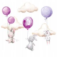 Muursticker - Konijntjes met ballonnen en wolken / Purper