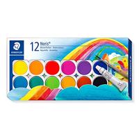 STAEDTLER Noris Club, 888 NC12 Verfdoos met gemakkelijk mengbare waterkleuren, hoge kleurglans, uitstekende dekking, set van 12 verwisselbare potjes, 1 tube dekkend wit en 1 penseel