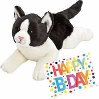 Pluche knuffel zwart/witte kat/poes 33 met A5-size Happy Birthday wenskaart - thumbnail