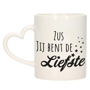 Bellatio Decorations Cadeau koffie/thee mok voor zus - zwart - hartjes oor - keramiek - 300 ml   -