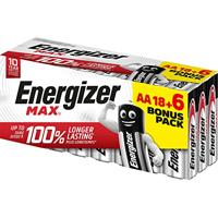 Energizer Max Verpakking met 18 + 6 AA-batterijen, 1,5 V, meer vermogen en lange levensduur voor dagelijks gebruik, sulfaatvrij en gaat 10 jaar mee