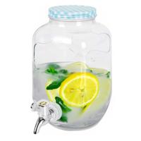 Drankdispenser/limonadetap - met tapje - glas - 4 liter - blauw/wit geblokte dop - 15 x 26 cm