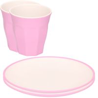 Set van 8x onbreekbare kunststof/melamine roze ontbijt bordjes/bekers - thumbnail