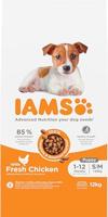 IAMS Junior droogvoer voor honden met kip - puppyvoer voor puppy's van 1-12 maanden, geschikt voor kleine en middelgrote rassen, 12 kg