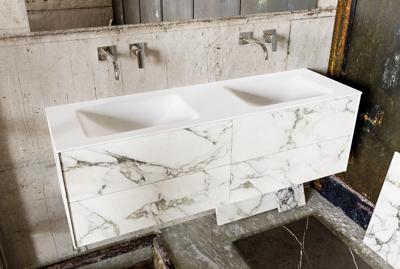 Badkamermeubel Kivi Hangend 150x47x45cm Porcelenato Solid Surface Wastafel Geen Kraangaten Dubbel met 4 Lades Badkamermeubel Kivi Hangend 150x47x45cm Porcelenato Solid Surface Wastafel Geen Kraangaten Dubbel met 4 Lades