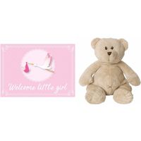 Kraamcadeau beren knuffel 17 cm met Welcome little girl wenskaart /ansichtkaart   - - thumbnail