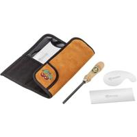 Kirschen 4-delige set trekmessen in velours lederen etui; hoekig 150x60x08 mm, hol+rond 0,8 mm en zwanenhals 0,8 mm