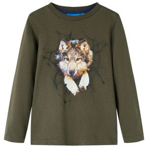 Kindershirt met lange mouwen wolvenprint 128 kakikleurig