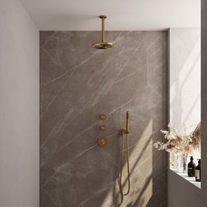 Regendoucheset Inbouw Brauer Gold Edition Thermostatisch 20 cm met Plafondarm en Handdouche Staaf Losse Stopkranen Geborsteld Goud Brauer