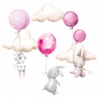 Muursticker - Konijntjes met ballonnen en wolken / Roze