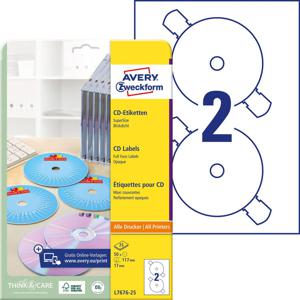 Avery-Zweckform L7676-25 CD-etiketten Ø 117 mm Papier Wit 50 stuk(s) Permanent hechtend Inkjet, Laser (zwart/wit), Laser (kleur), Kopiëren (zwart/wit),