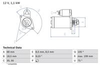 Startmotor / Starter BOSCH, Spanning (Volt)12V, u.a. für Opel, Vauxhall, Fiat - thumbnail