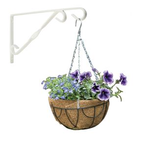 Hanging basket 30 cm met klassieke muurhaak wit en kokos inlegvel - metaal - hangmand set