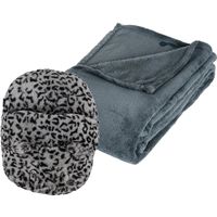 Fleece deken blauwgrijs 125 x 150 cm met voetenwarmer slof cheetah one size