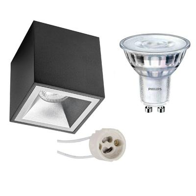 Opbouwspot Set - Pragmi Cliron Pro - GU10 Fitting - Opbouw Vierkant - Mat Zwart/Zilver - Verdiept - 90mm - Philips - SceneSwitch 827 36D - 1.5W-5W - Warm Wit 2200K-2700K - Dimbaar