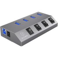 ICY BOX IB-Hub1405 4-voudige USB 3.0 hub en oplader, aan-/uitschakelaar voor elke poort, voeding (5V/4A), aluminium, oplaadstandaard BC 1.2, grijs