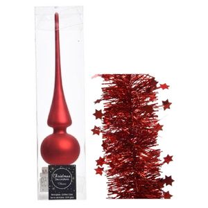 Kerstversiering glazen piek mat 26 cm en sterren folieslingers pakket rood van 3x stuks