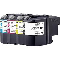 Originele Brother LC-229 / LC-225 inktcartridges voordeelverpakking met hoge capaciteit zwart, cyaan, magenta en geel.