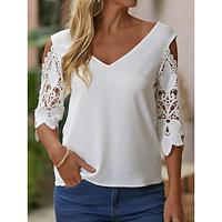 Dames Kanten overhemd Blouse Geklede topjes Kant Uitknippen Dagelijks Weekend Elegant Modieus Basic Halve mouw V-hals Wit Lightinthebox - thumbnail