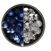 74x stuks kunststof kerstballen mix van kobalt blauw en zilver 6 cm - thumbnail