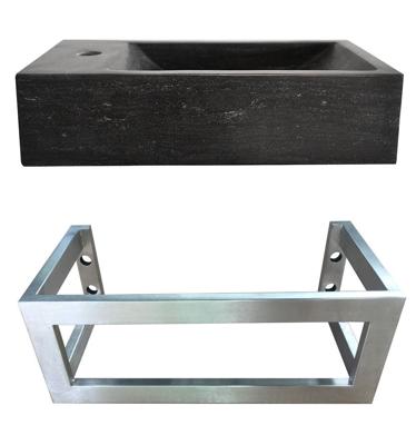 Mueller Recto natuursteen fontein links met RVS onderstel Mueller Recto natuursteen fontein links met RVS onderstel