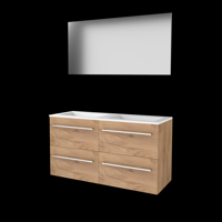 Basic Basic 46 badmeubelset met spiegel op plaat, wastafelonderkast met grepen, 4 lades en acryl wastafel met 2 kraangaten 120 x 46 cm, whisky oak