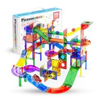PicassoTiles PTG108 108-delige 2-in-1 knikkerbaan en autoracebaan combinatie, magnetische tegels PicassoToys, magnetische bouwblokken educatief constructiespeelgoed speelset, STEM-/STEAM-leerset voor