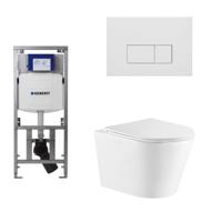 QeramiQ Dely Toiletset - 36.3x51.7cm - diepspoel - rimless - Geberit UP320 inbouwreservoir - softclose toiletzitting - mat witte bedieningsplaat - rechtehoekige knoppen - wit glans SW543431/0701131/SW706191