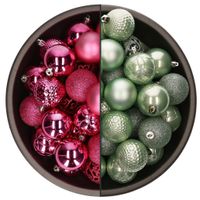 74x stuks kunststof kerstballen mix van mintgroen en fuchsia roze 6 cm