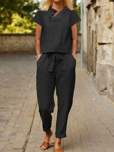 Casual Plain Short Sleeve Buckle Asymmetrical Collar Lace-up Top With Pockets Pants Two-Piece Set