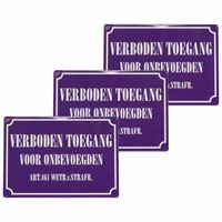 3x Metalen bordjes verboden toegang voor onbevoegden 21 x 15 cm - thumbnail