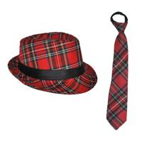 Carnaval Schotse ruit thema verkleed set - hoedje en stropdas - rood tartan - heren - thumbnail