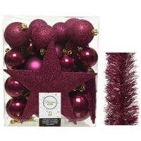 Kerstversiering kerstballen 5-6-8 cm met ster piek en folieslingers pakket framboos roze 35x stuks - thumbnail