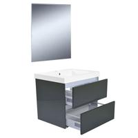 Badkamermeubel Set Vision Hangend 60x50x47cm MDF Hoogglans Grijs Softclose Greeploos Kunstmarmeren Wastafel 1 Kraangat Overloop met Spiegel