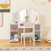 2-In-1 Make-Uptafel voor Kinderen Bureau met Stoel en Afneembare Spiegel Kaptafel voor Meisjes met Vakken Make-Upcommode (Wit) - thumbnail