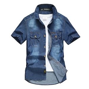 Voor heren Overhemd Zomer overhemd Overhemd met knopen Jeanshemd Denim overhemd Chambray-shirt Marineblauw blauw Licht Blauw Korte mouw Effen Strijkijzer Buiten Dagelijks Button-omlaag Kleding Katoen Lightinthebox