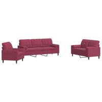 vidaXL 3-delige Loungeset met kussens en bolsters fluweel wijnrood, bankstel, bank, zitbank, bankenset, loveseat, fauteuil, relaxfauteuil, leunstoel