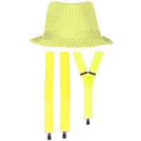 Carnaval verkleedset Partyman - glitter hoedje en bretels - neon geel - heren - verkleedkleding