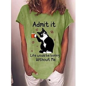 Dames T-shirt Katoen Kat Afdrukken Dagelijks Weekend Basic Grappig Korte mouw Ronde hals Wit Lightinthebox