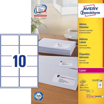 Avery-Zweckform L7173-100 Etiketten 99.1 x 57 mm Papier Wit 1000 stuk(s) Adresetiketten, Universele etiketten Laser, Kopie 100 vel DIN A4 Avery-Zweckform L7173-100 Etiketten 99.1 x 57 mm Papier Wit 1000 stuk(s) Adresetiketten, Universele etiketten Laser, Kopie 100 vel DIN A4