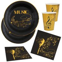 Muziek thema feest wegwerp servies set - 20x bordjes / 20x bekers / 20x servetten - goud/zwart