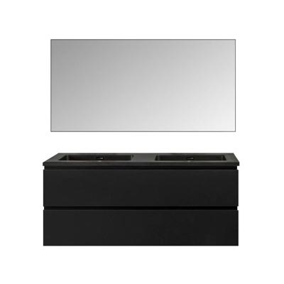Badkamermeubel Set Callisto Diamond Hangend 120x50x48cm Mat Zwart MDF Softclose Greeploos Kwartsteen Wastafel 2 Kraangaten Overloop met Badkamerspiegel Riva