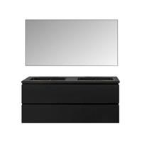Badkamermeubel Set Callisto Diamond Hangend 120x50x48cm Mat Zwart MDF Softclose Greeploos Kwartsteen Wastafel 2 Kraangaten Overloop met Badkamerspiegel Riva
