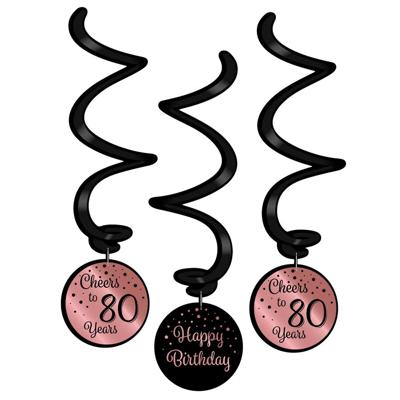 Hangdecoratie 80 jaar rosé zwart 3 stuks